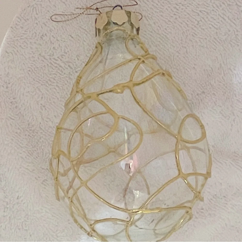 VINTAGE SILVESTRI Large Gold Clear Frosted Glass Deco Tree Ornaments Set of 6